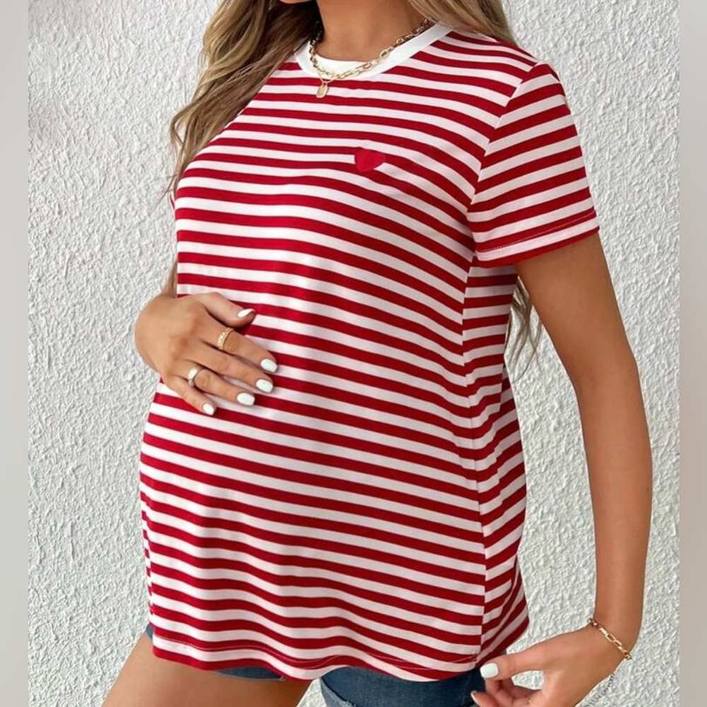 SHEIN Red and White Striped Maternity Tee